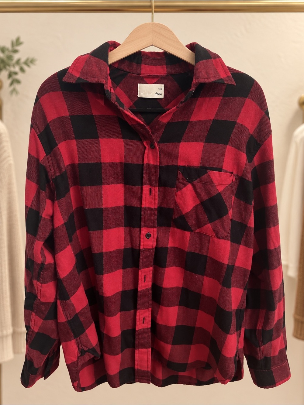 Aritzia Wilfred Free Red and Black Flannel Plaid Button-Up Shirt